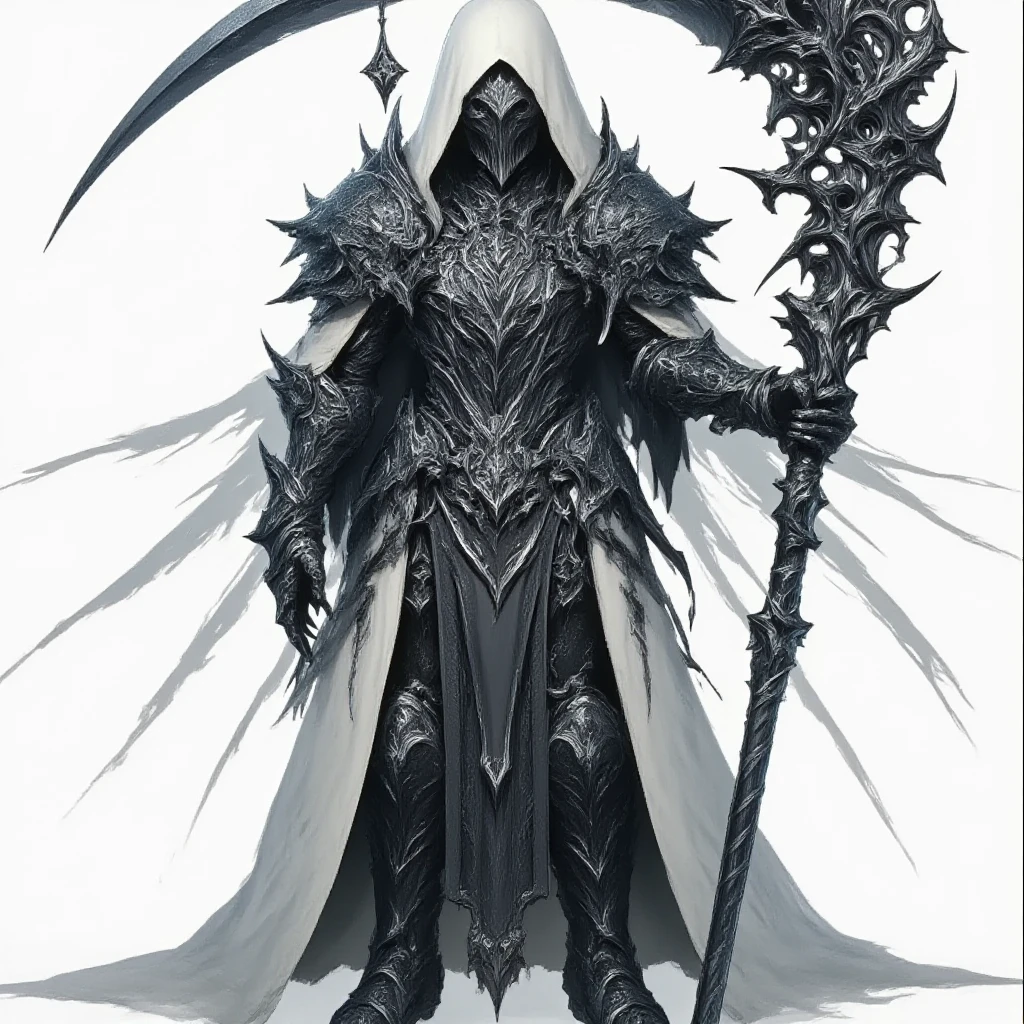 flat anime,deadly horror, A striking monochromatic illustration, cloaked in intricate, gothic-style robes with ornate patterns and metallic detailing. The figure's face is obscured by deep shadows under the hood, adding a mysterious and ominous aura. The large, ornate scythe held by the figure is highly detailed, featuring swirling engravings and elaborate decorations along the blade and handle. The texture of the robes is rich and layered, with flowing fabrics and tattered edges, contributing to a sense of age and decay. The overall mood of the artwork is dark and foreboding, emphasizing the themes of mortality and the macabre
