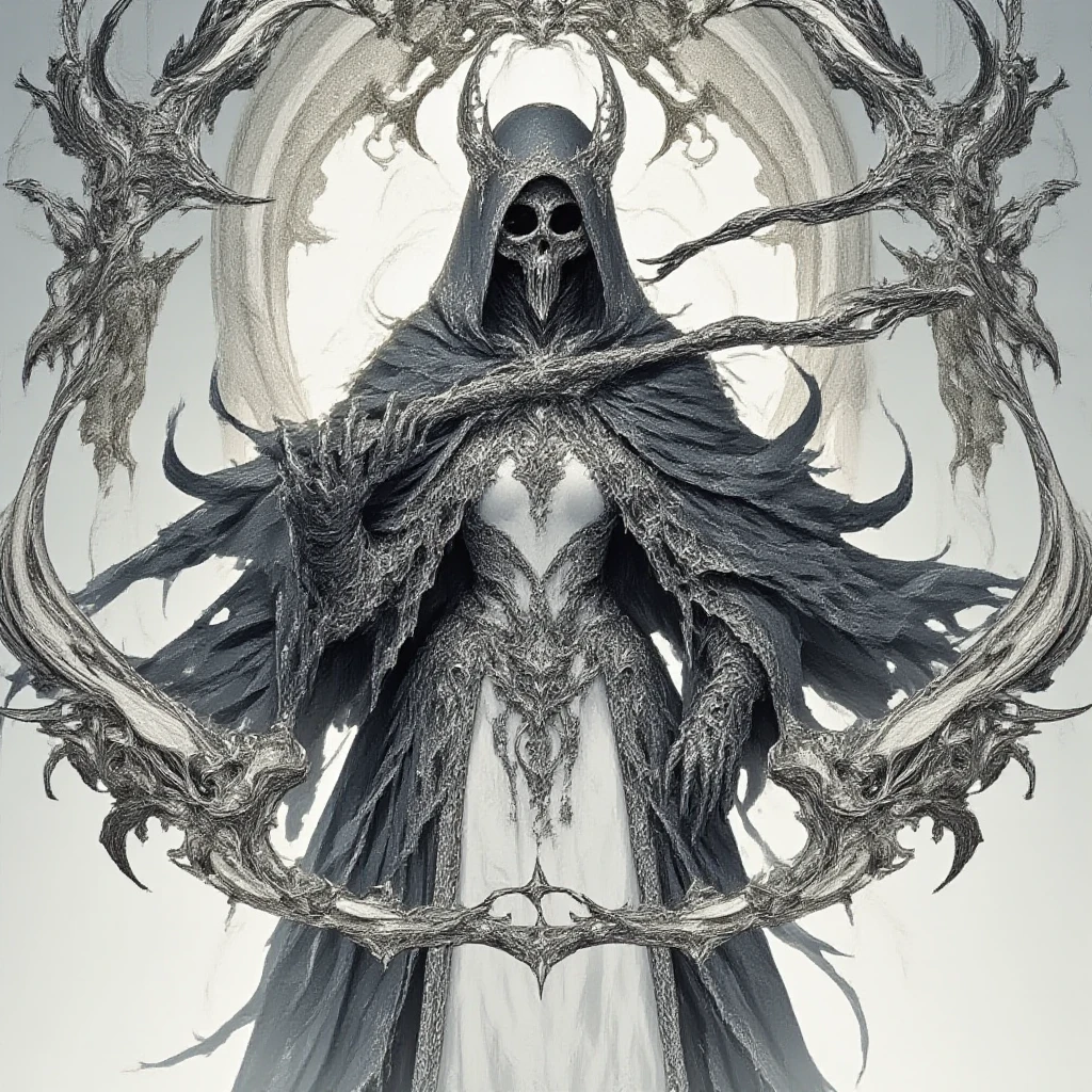 flat anime,deadly horror, A striking monochromatic illustration, cloaked in intricate, gothic-style robes with ornate patterns and metallic detailing. The figure's face is obscured by deep shadows under the hood, adding a mysterious and ominous aura. The large, ornate scythe held by the figure is highly detailed, featuring swirling engravings and elaborate decorations along the blade and handle. The texture of the robes is rich and layered, with flowing fabrics and tattered edges, contributing to a sense of age and decay. The overall mood of the artwork is dark and foreboding, emphasizing the themes of mortality and the macabre
