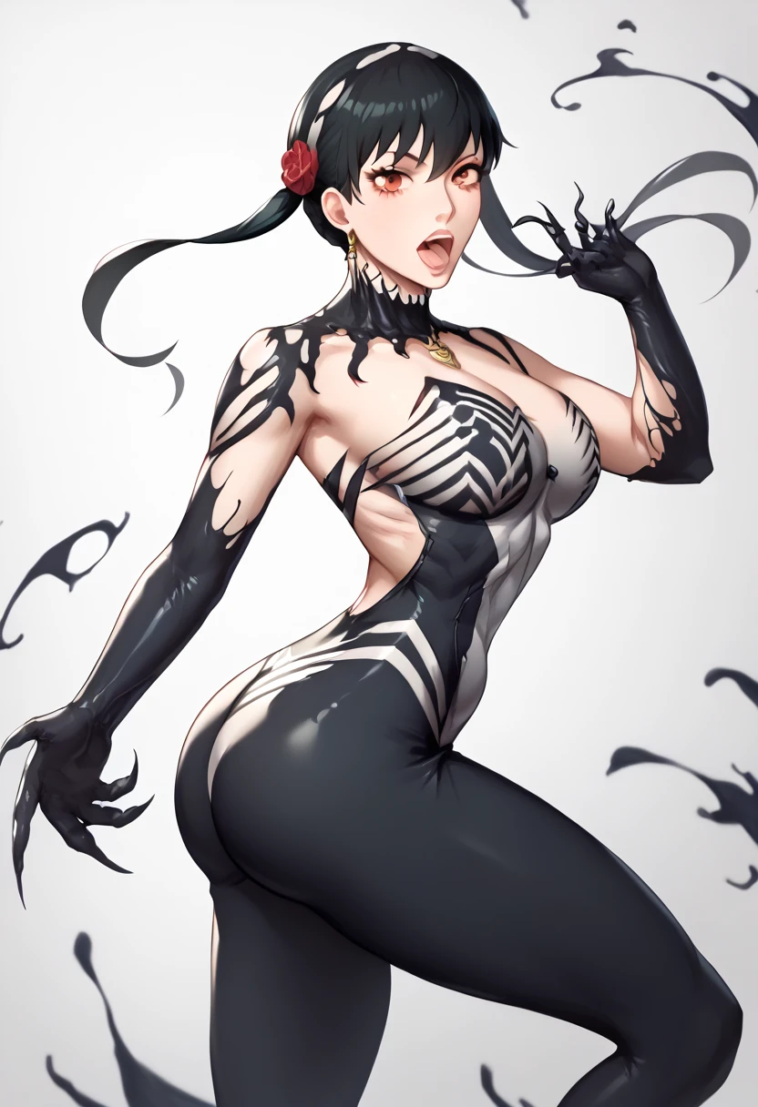 masutepiece, Your, 1girl in, Alone, Looking at Viewer, Open mouth, Black hair, Red Eyes, Jewelry, clavicle, side locks, perfect anatomy, small waist,large breast,round ass, venom costume,(venom costume),full body look, full view,