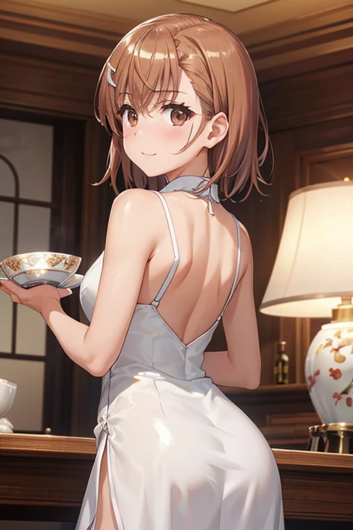 misaka mikoto、 shiny hair,  short hair, ( beautiful brown eyes、)、smile、 super detailed eyes、((hair clip)), very detailed face,  very detailed eyes,cowboy shot,、( One Girl )、 ,Master Piece,  top quality ,  high res, masterpiece , 



 high res, Adult female ,  good lighting , Despicable, , ( I haven't taken off my clothes ), ((( Shiny China Dress ))), (()), ((())), ( garter belt), Just my stomach , (),  ,   cute face,   Embarrassed and Blushed, Humiliating, ((  turn around and look back  )), ( T-back )( large amount of stuff is wrapped around her body,)