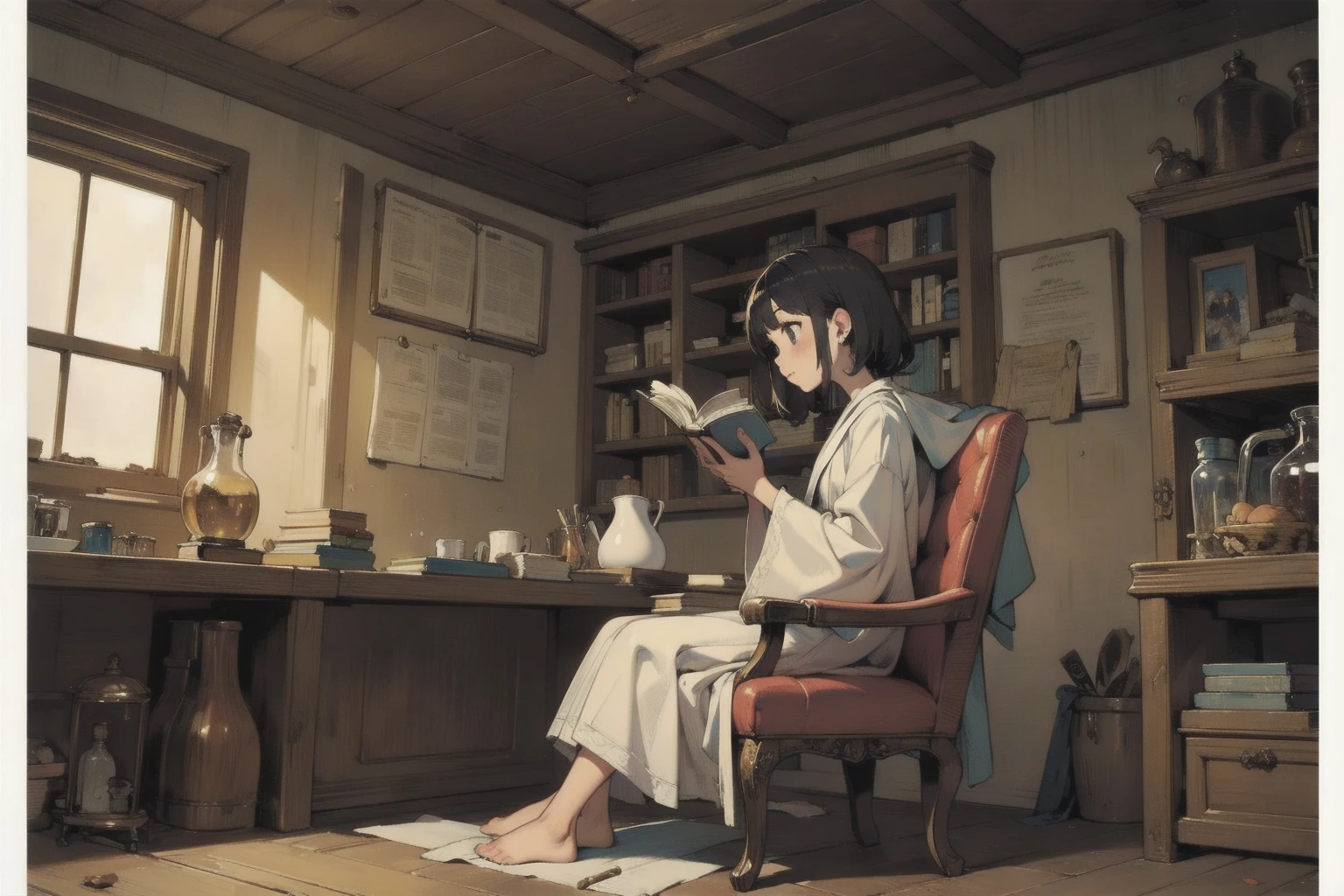 from side,   One Girl  , The Magician's Laboratory   、  I'm sitting on a chair and reading a book、   intricate details  ,  hyperdetail ,　( top quality , masterpiece:1.2),    super high res ,    ray tracing,   super detailed  , Complex Robe、Magician&#39;s Hat ,  chibi