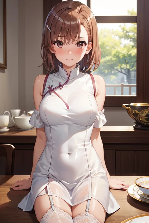 misaka mikoto、 shiny hair,  short hair, ( beautiful brown eyes、)、smile、 super detailed eyes、((hair clip)), very detailed face,  very detailed eyes,cowboy shot,、( One Girl )、 ,Master Piece,  top quality ,  high res, masterpiece , 



 high res, Adult female ,  good lighting , Despicable, , ( I haven't taken off my clothes ), ((( Shiny China Dress ))), (()), ((())), ( garter belt), Just my stomach , (),  ,   cute face,   Embarrassed and Blushed, Humiliating, ((  )), ( T-back )( large amount of stuff is wrapped around her body,)