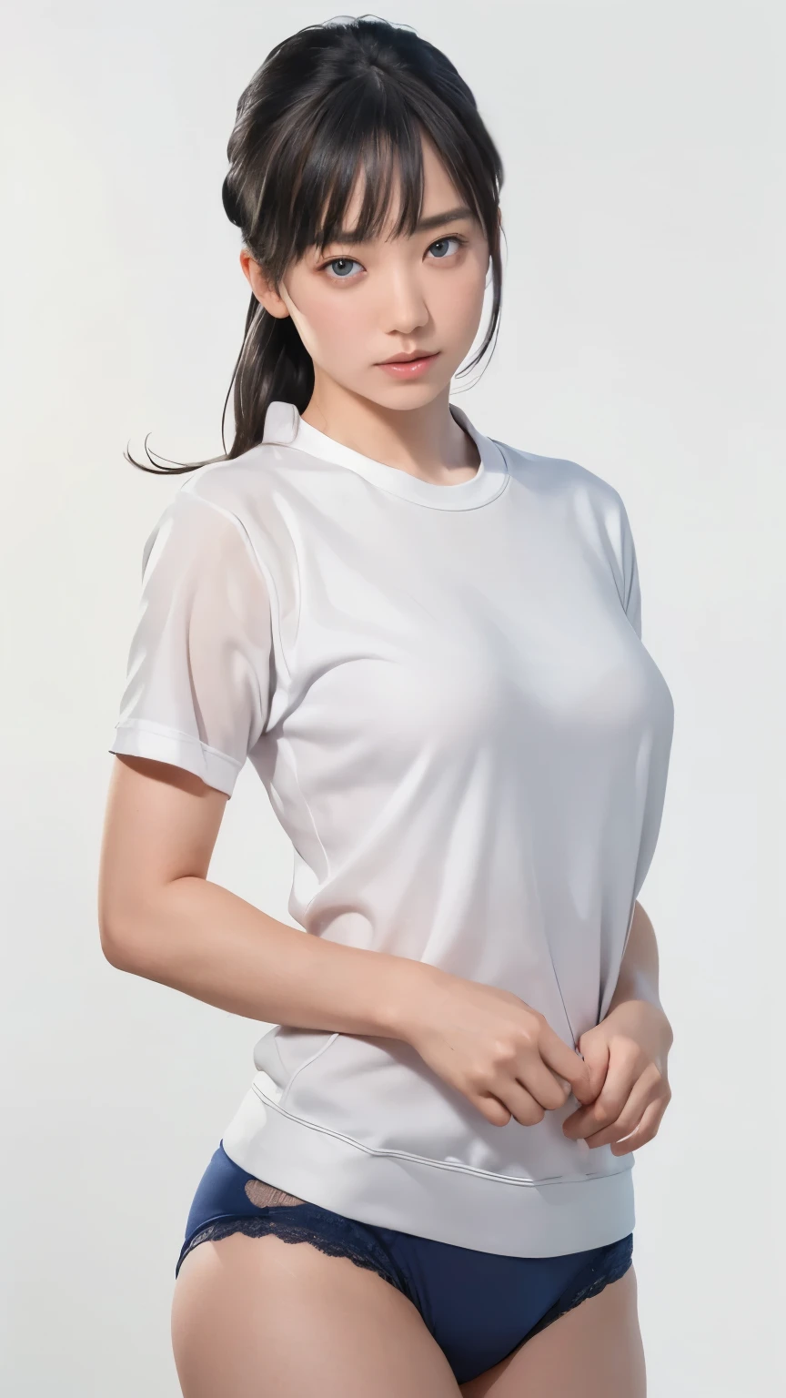 (masterpiece:1.2,Highest quality,Ultra-high resolution,Very detailed:1.2),(Photorealistic Stick:1.5),(RAW Photos:1.5),Elaborate photos,8k,wallpaper,Cinema Lighting,(Written boundary depth),(Sophisticated lighting:1.2),(wallpaper),BREAK(1 female),(Young Japanese Woman),(Emphasize the cleavage),(Random hairstyle),(Physical education class),(White brassier in size S),(Dark blue panty in size S),(Thick thighs),(Beautiful Face,Detailed face,,Beautiful Eyes,Beautiful eyes,Beautiful Skin,Skin Texture:1.3),BREAK(Voluptuous),(Functional),(Beautiful Hands:1.3),(Detailed hands:1.3),(jp_buruma),(Cowboy Shot),(front:1.6),(White Background:1.5),(Blurred Background:1.5),(Hand,detailed,perfect,perfection,hands),(so many tattered shirt and buruma and so many torn holes in gym uniform like she was raped)