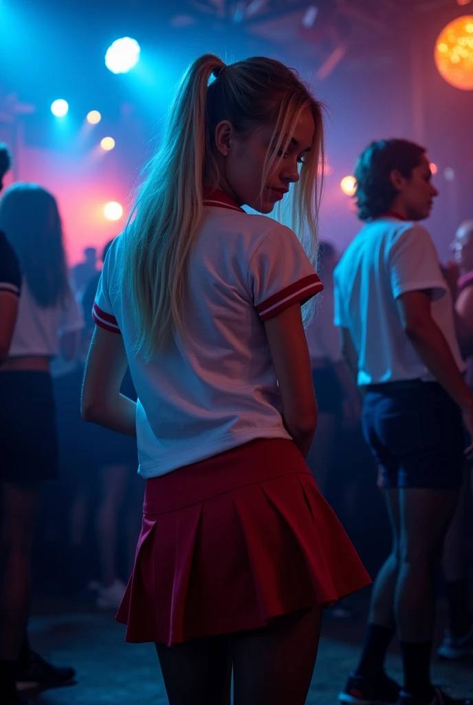 young white girl, disgraced and humiliated in a crowded nightclub. A detailed portrayal of her vulnerability, embarrassment and open bottom are important components. Please, Make sure, that there is a clear focus on her short microskirt and her red, splenic face.