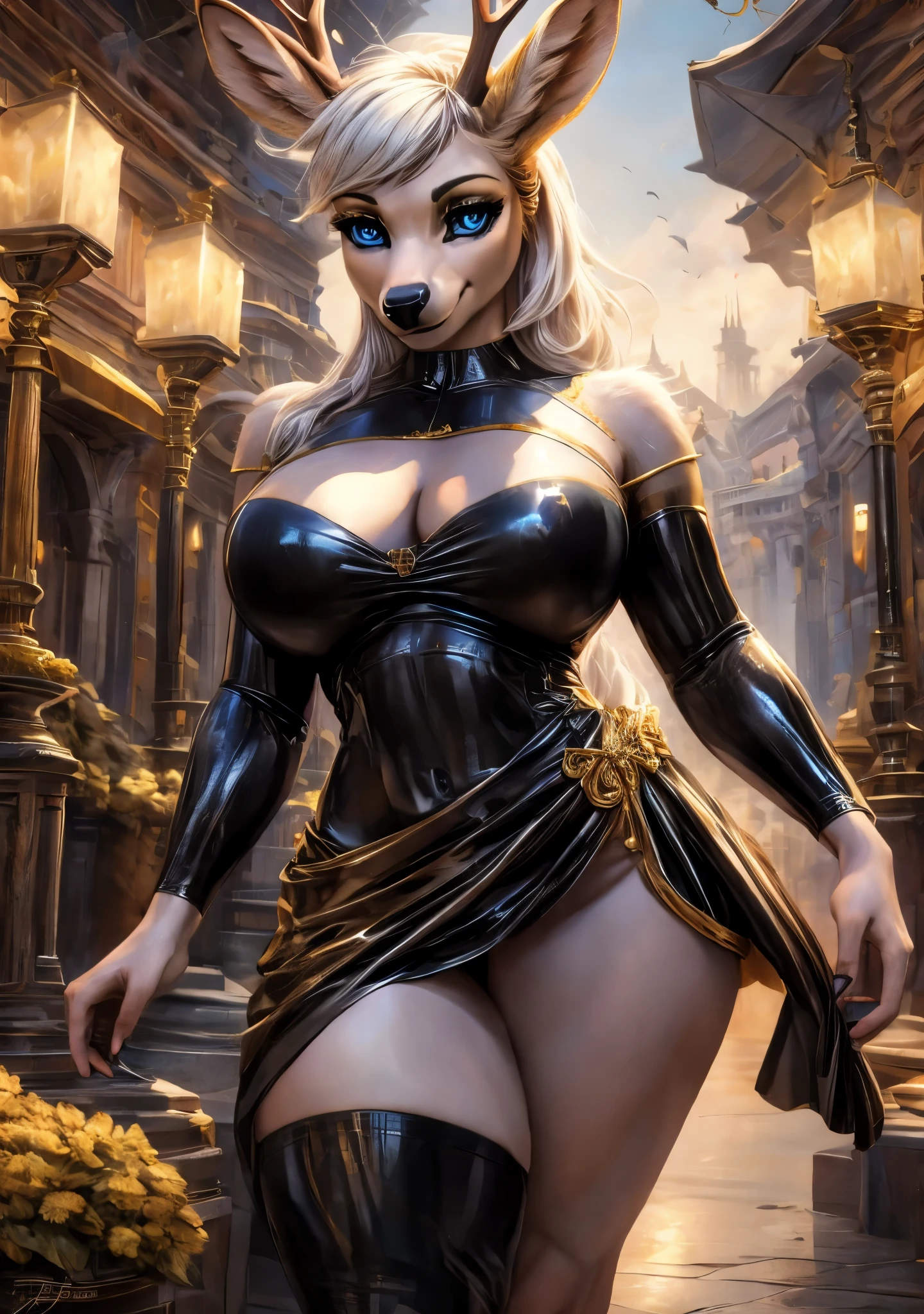 Furry deer, deer horses,realistic body tape, thin1tail ,perfect skin, face detailed, Cleavage chest,  Bare shoulders, latex  gloss mini dress, mini skirt, latex stockings,detalied blue eyes,perfect eyes,  very long white hair, simmetrical bangs,bare navel,gigantic breasts, white latex gloss,  dress, High-heele,  full length, extreme detailed,  masterpiece,8k, stunning, highly detailed, 8k, ornate, intricate, dehazed, atmospheric,duration:1.6), physically based visualization,bright colors,cinematic lighting, fantasy city, epic detailed,Шедевр,Высокое разрешение, Высокое качество, Улыбаться,  Рендеринг 8K, epic realism, 