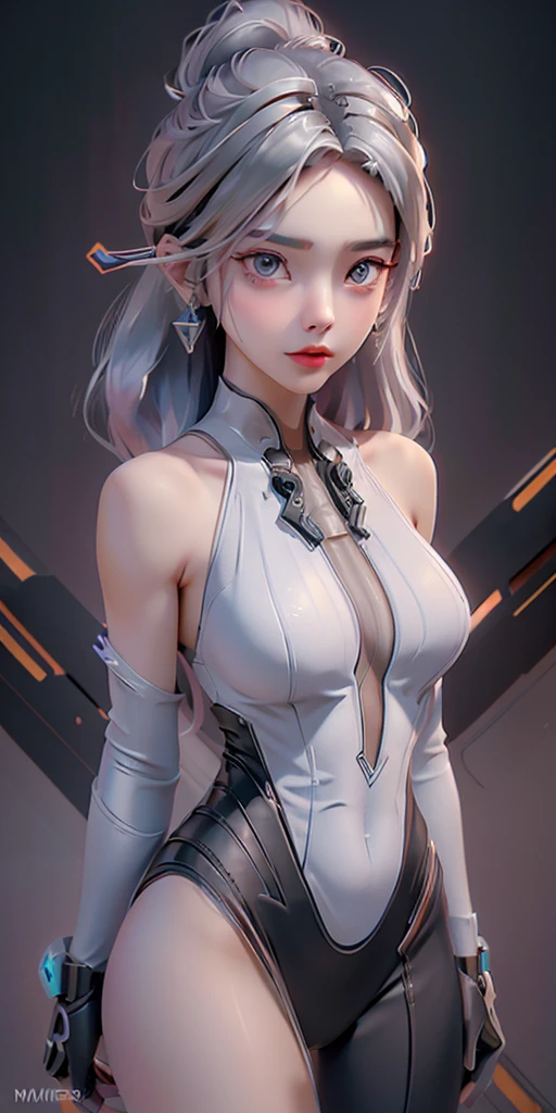 A young, light-skinned woman with long, silver-gray hair is centrally positioned in an urban, futuristic setting.  She possesses striking, large, blue eyes and full, rosy lips. Her expression is serene and confident.  Her body is athletic, with a sculpted physique.  She wears a revealing, black and white bodysuit, patterned with intricate mechanical designs and metallic accents. The armor-like elements are prominently displayed on her chest, shoulders, and arms.  Multiple tattoos, stylized with mechanical patterns, adorn her skin.  She wears unique, geometric-shaped dangling earrings. The scene is bathed in a cool, diffused light, suggesting a digitally-rendered or stylized illustration. The background subtly incorporates urban cityscape elements, creating a sense of futuristic urban environment.  The image's composition is detailed and striking, drawing attention to the character’s strength and futuristic aesthetic.  The overall style is digital art, fashion-inspired, and with a strong sense of technology and power.