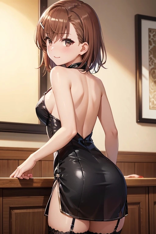 misaka mikoto、 shiny hair,  short hair, ( beautiful brown eyes、)、smile、 super detailed eyes、((hair clip)), very detailed face,  very detailed eyes,cowboy shot,、( One Girl )、 ,Master Piece,  top quality ,  high res, masterpiece , 



 high res, Adult female ,  good lighting , Despicable, , ( I haven't taken off my clothes ), (((shiny black china dress))), (()), ((())), ( garter belt), Just my stomach , (),  ,   cute face,   Embarrassed and Blushed, Humiliating, ((  turn around and look back  )),