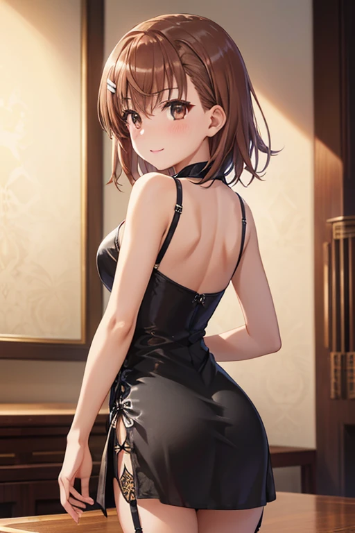 misaka mikoto、 shiny hair,  short hair, ( beautiful brown eyes、)、smile、 super detailed eyes、((hair clip)), very detailed face,  very detailed eyes,cowboy shot,、( One Girl )、 ,Master Piece,  top quality ,  high res, masterpiece , 



 high res, Adult female ,  good lighting , Despicable, , ( I haven't taken off my clothes ), (((shiny black china dress))), (()), ((())), ( garter belt), Just my stomach , (),  ,   cute face,   Embarrassed and Blushed, Humiliating, ((  turn around and look back  )),