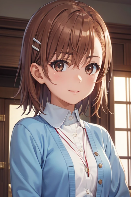 misaka mikoto、 shiny hair,  short hair, ( beautiful brown eyes、)、smile、 super detailed eyes、((hair clip)),非常に detailed face ,  very detailed eyes,cowboy shot,、( One Girl )、 ,Master Piece,  top quality ,  high res, masterpiece , 



 open chest 、 Blue Cardigans 、Laughter、room、8k、delicate face、 detailed face 、 simple background