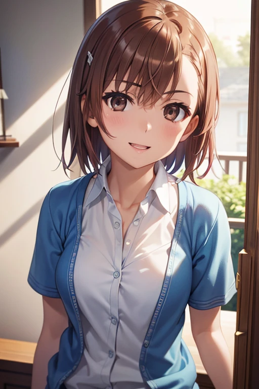 misaka mikoto、 shiny hair,  short hair, ( beautiful brown eyes、)、smile、 super detailed eyes、((hair clip)),非常に detailed face ,  very detailed eyes,cowboy shot,、( One Girl )、 ,Master Piece,  top quality ,  high res, masterpiece , 



 open chest 、 Blue Cardigans 、Laughter、room、8k、delicate face、 detailed face 、 simple background