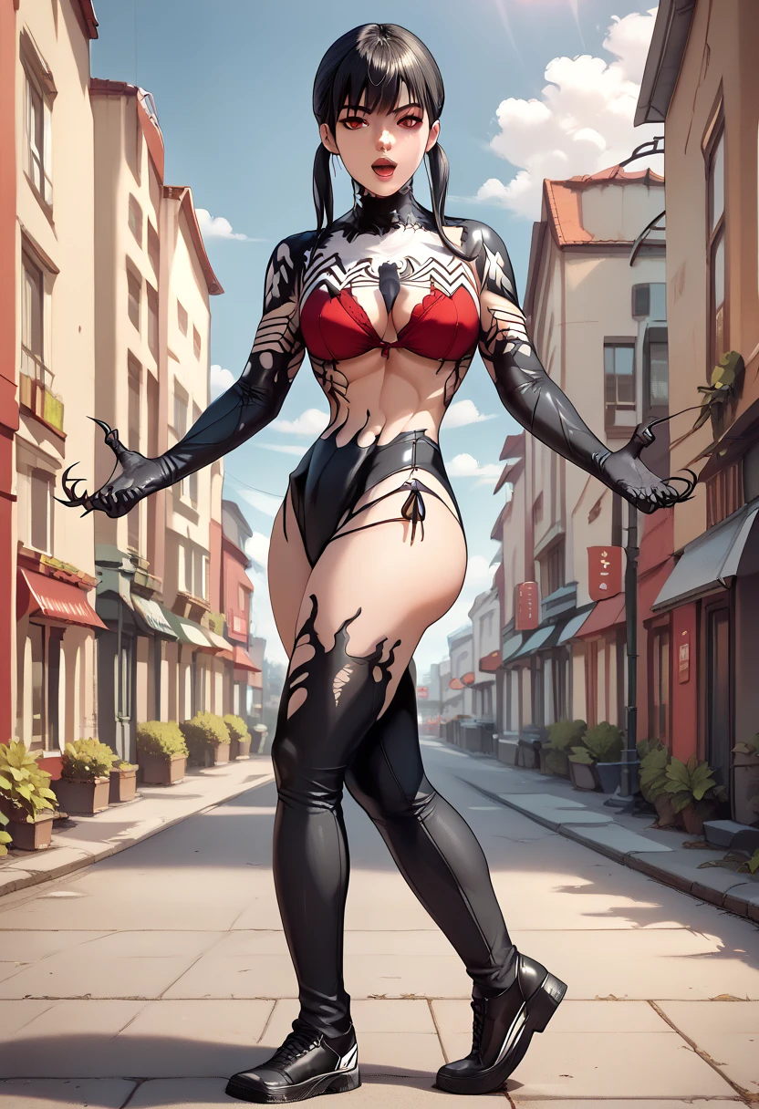 masutepiece, Your, 1girl in, Alone, Looking at Viewer, Open mouth, Black hair, Red Eyes, Jewelry, clavicle, side locks, perfect anatomy, small waist,large breast,round ass, visible red bra,venom costume,(venom costume),full body look, full view,