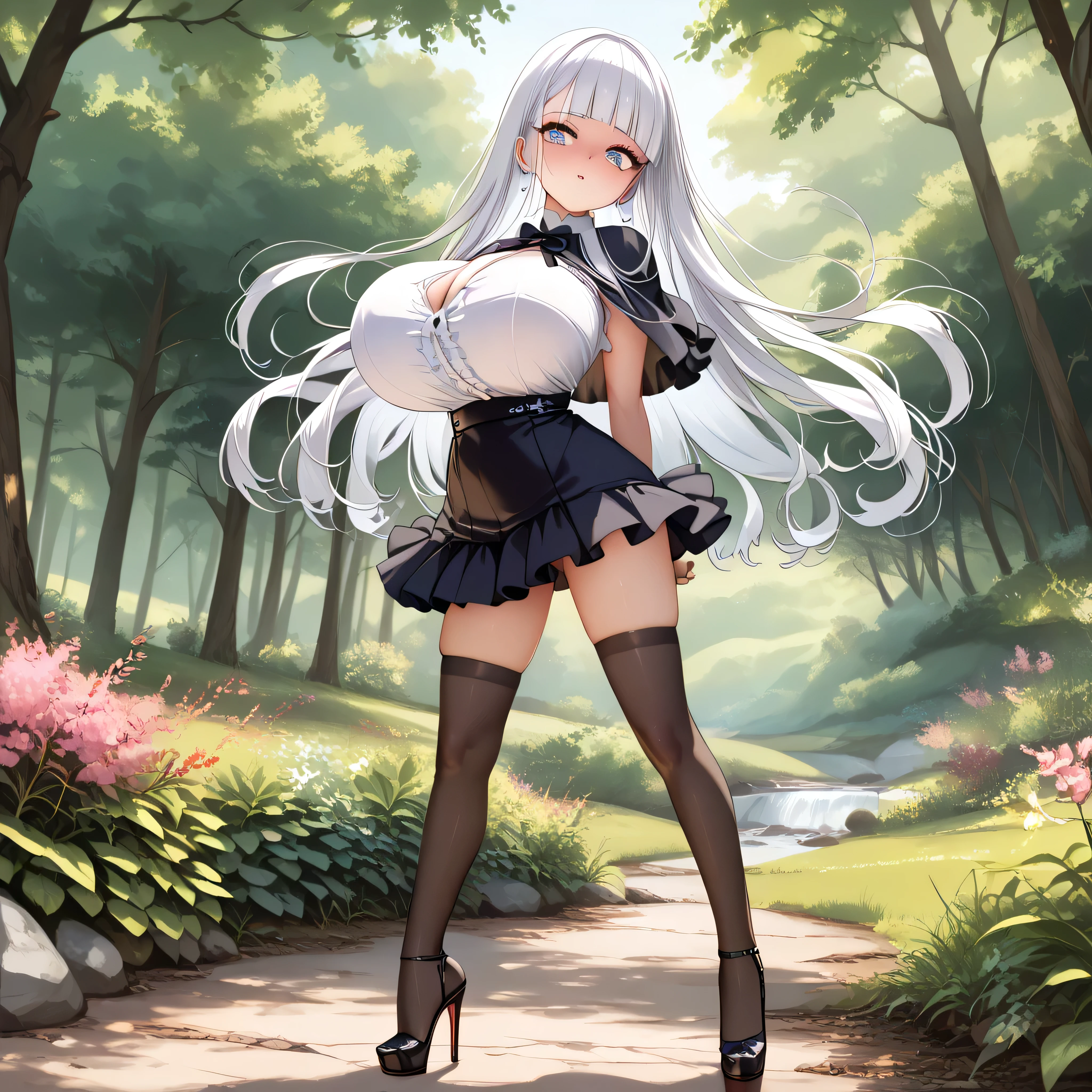 beautiful detailed, (detailed face), ultra high resolution, masterpiece, BREAK, landscape, forest, floating light circles, BREAK, (solo), (1 very  girl standing:1.4), (little body), skinny, BREAK, swaying back, BREAK, (bouncing huge breasts), (downing arms backward:1.2), arms behind back, hands behind hip, tiptoe, looking at viewer, BREAK, shiny white hair, absurdly long hair, straight hair, blunt bangs, sidelocks, glowing multicolored eyes, jitome, BREAK, narrow shoulders, (too short torso:1.2), (bursting disproportionately huge breasts:1.3), (too narrow skinny waist:1.1), (too short waist:1.2), (skinny legs), BREAK, black frilled black capelet, (frilled white shirts with open chest:1.2), cleavage, frilled black short high-waist skirt cinches underbust too tight, thigh gap, long inky-black thighhighs, stiletto heels, BREAK, {orgasm}, nose blush