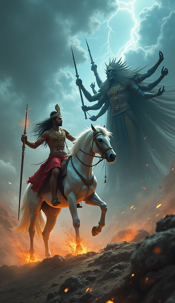 Visualize a battlefield where Arjuna is surrounded by ghostly apparitions of his ancestors, their expressions filled with sorrow and warning. His chariot is at the center, with Krishna standing calmly beside him, emanating a serene aura. The sky above them is heavy with swirling clouds, reflecting the inner turmoil. In the distance, the Kaurava army appears as shadowy figures, obscured by a dense fog, representing greed and ignorance. The ground beneath Arjuna is cracked, with roots of ancient family trees breaking through, symbolizing the fragile nature of lineage and the burden of ancestral responsibility. The overall atmosphere conveys tension, inner conflict, and a deep moral dilemma