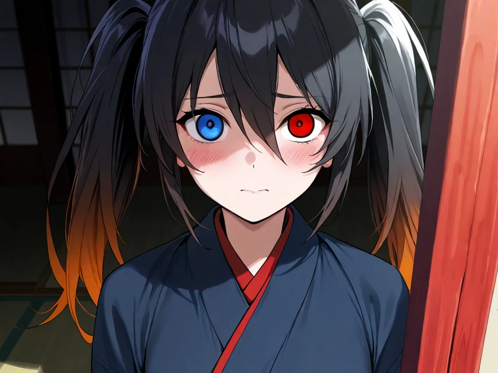  maximum resolution,  very detailed ,  Best Quality ,precise,  masterpieces , Solo,1 woman, black hair,I have twintails.,Orange gradient hair , heterochromia, red-eyed, blue eyes, black-eyed widow , shy faces,The , Japanese shrine ,candy,Dark Morning , is anatomically correct, anime images 