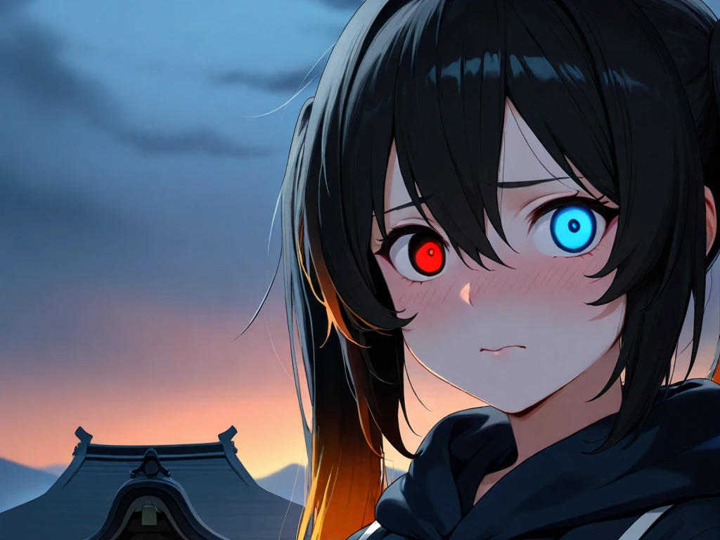  maximum resolution,  very detailed ,  Best Quality ,precise,  masterpieces , Solo,1 woman, black hair,I have twintails.,Orange gradient hair , heterochromia, red-eyed, blue eyes, black-eyed widow , shy faces,The , Japanese shrine ,candy,Dark Morning , is anatomically correct, anime images 