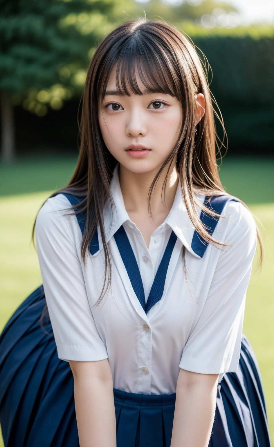 （8k、live-action、Original photo、 top quality 、masterpiece：1.2),(Outdoors),(( perfect lighting)),(濡れたhair),Watching viewers,Looking at the front, and raise your hands,  back,strong, ,18 years old,student,White skin,knees, absurd , small face,前hairを真ん中から分けます、 can be seen on the forehead,( please be shy,Tight eyes,Glare,strong, skinny, crunchy,Irritated)、masterpiece, top quality 、超A high resolution,One person, solo, close-up shot 、 cute、Back to Students,(Japanese school uniform:1.3), high school girl, Japanese women, standing ,（フォト real：1.37）、 Rich Details , realistic、 cute small face, brown eyes、prospect、 depth of field 、 Blurry Background、 real,(前hairが見える), hair, kneesが見える, thigh,(Nogizaka Idol), actress、 Big Breasts 、 cleavage、 Super Fine、Low people、(Skin with visible pores:1.2)、(Focus on the face)、 skeleton pointing the  at the camera