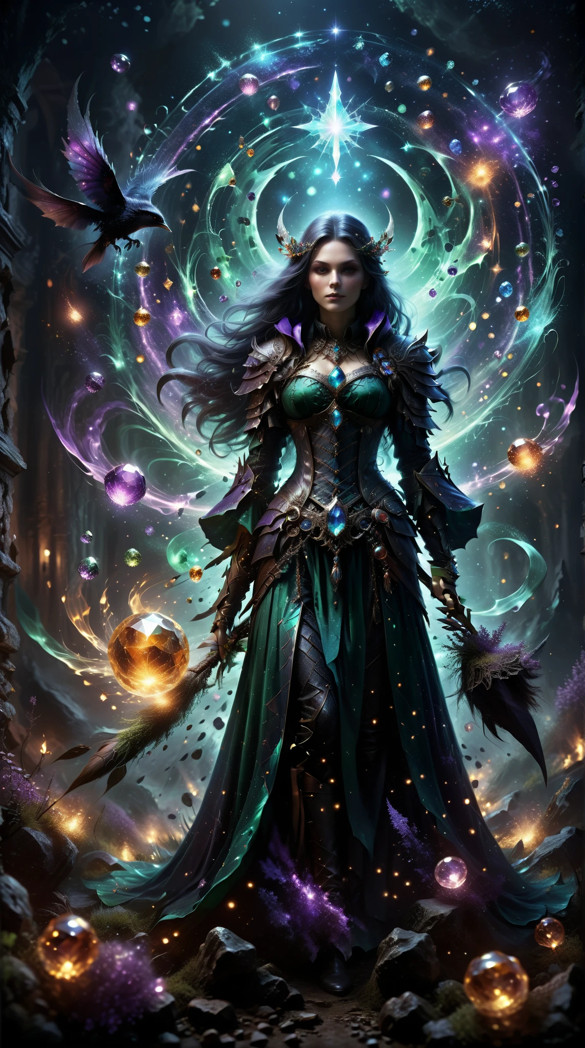  An extremely high quality artwork ， shows a mysterious witch wearing exquisite armor， adorned with mysterious gems ， Depicts stunning magic ，Distant battlefield ，Enchanting magic