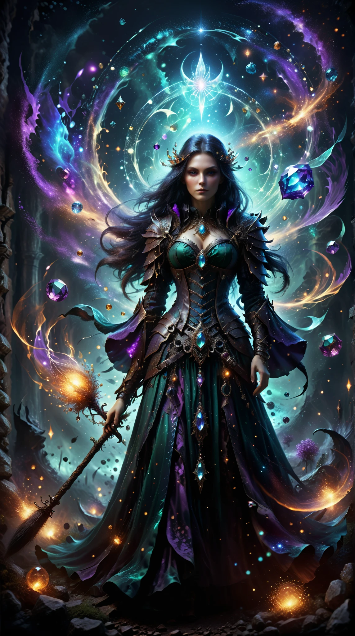  An extremely high quality artwork ， shows a mysterious witch wearing exquisite armor， adorned with mysterious gems ， Depicts stunning magic ，Distant battlefield ，Enchanting magic