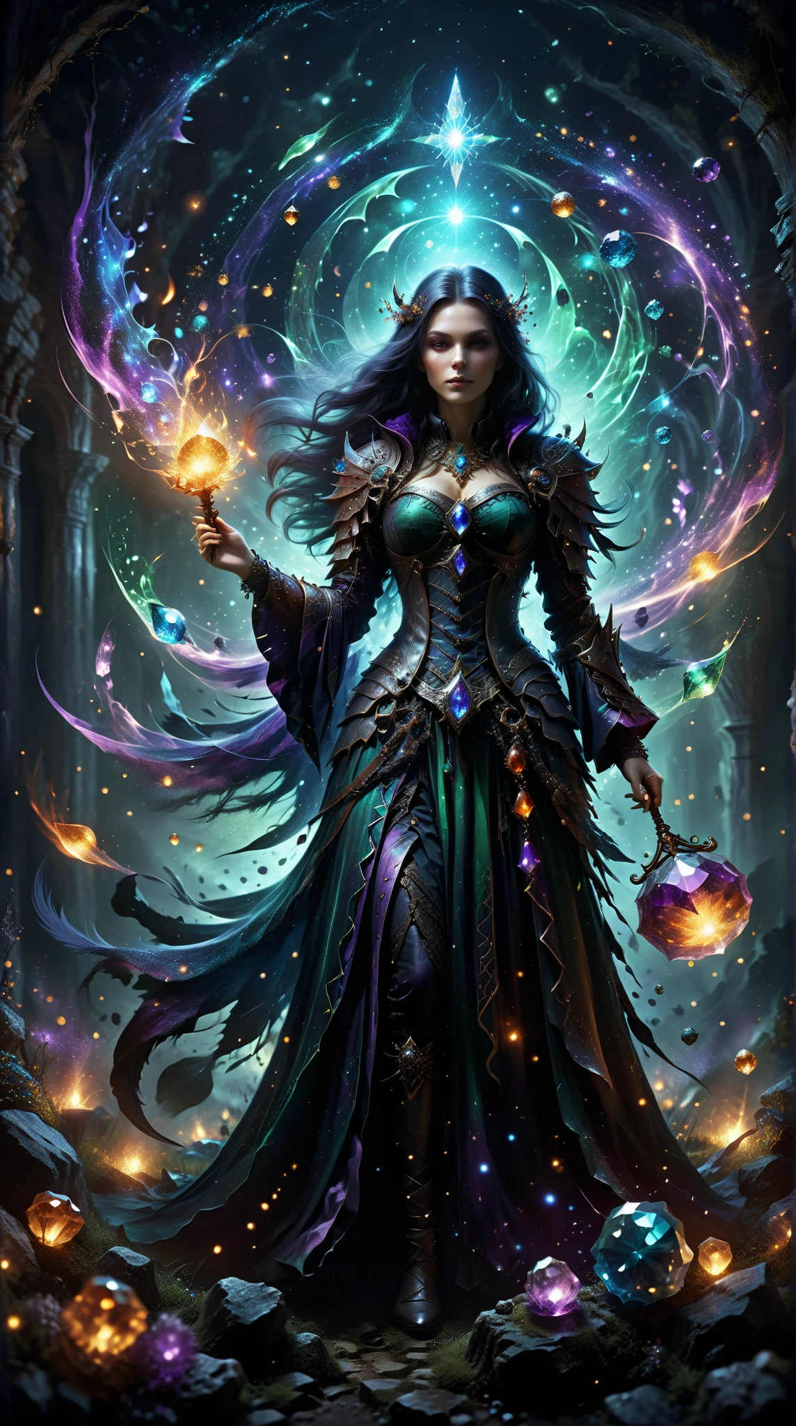  An extremely high quality artwork ， shows a mysterious witch wearing exquisite armor， adorned with mysterious gems ， Depicts stunning magic ，Distant battlefield ，Enchanting magic