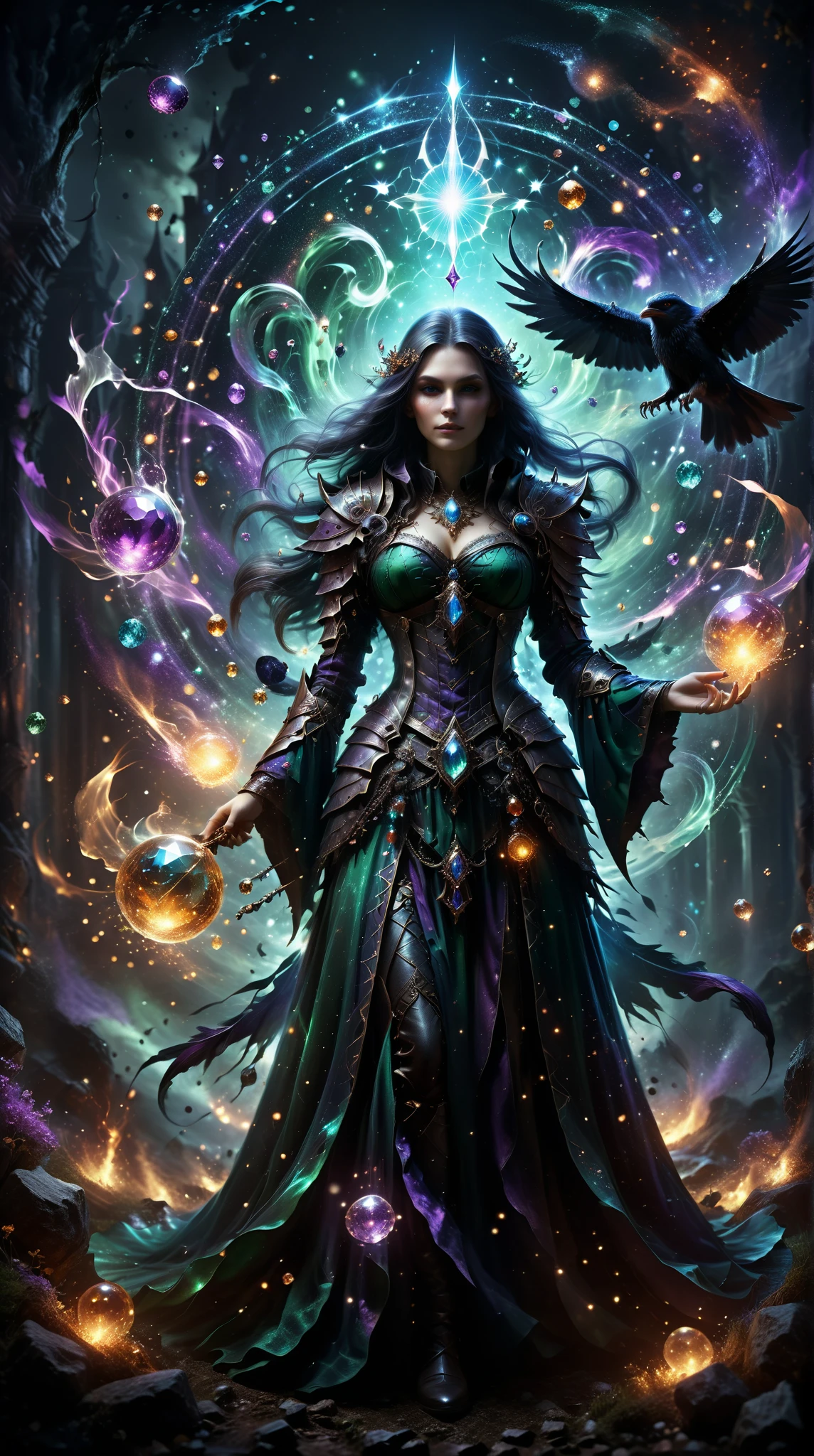  An extremely high quality artwork ， shows a mysterious witch wearing exquisite armor， adorned with mysterious gems ， Depicts stunning magic ，Distant battlefield ，Enchanting magic