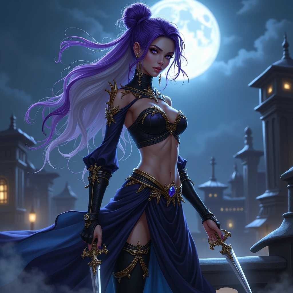 Beautiful caucasian woman. Fit body. Big round boobs. Just one woman. Alone. Western woman. Long hair with 1 braid. Purple hair. Bright purple eyes. Woman cosplaying as a vampire hunter from the Belmont family from the Castlevania games. She is standing in front of the ruins of a dark medieval castle during a full moon night. Dynamic light. Dynamic shadows. High resolution.