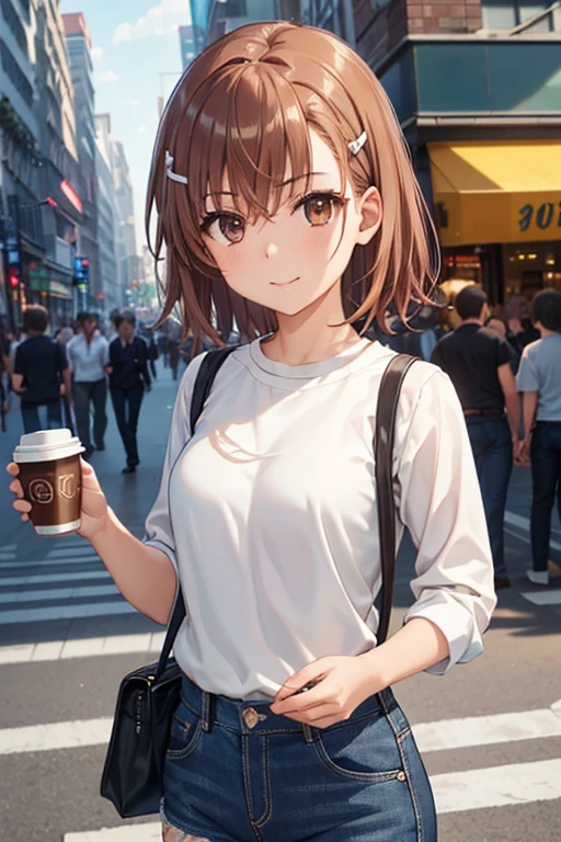 misaka mikoto、 shiny hair,  short hair, (美しい brown eyes、)、smile、 super detailed eyes、((hair clip)), very detailed face,  very detailed eyes,cowboy shot,、( One Girl )、 ,Master Piece,  top quality ,  high res, masterpiece , 





(( high res)), (( Lighting and color )), ((masterpiece)), (( brown eyes)), ((Drinking coffee )), Wavy Maroon Hair ,  slightly disturbed by the wind .,  A building on a lively city street 々 standing. 
 She's wearing a loose black cotton shirt that emphasizes her natural elegance.,  Wear it casually with gray denim shorts ..  She's posing delicately  , 自信に満ちたsmile,  Tilt Your Body Slightly .  The background is mixed with modern skyscrapers ., Cute cafe,  bustling pedestrian leaning slightly .  Soft sunlight gently illuminates her face , In the hustle and bustle of the city、Emits a warm light、 in、 emphasizes her presence  。."