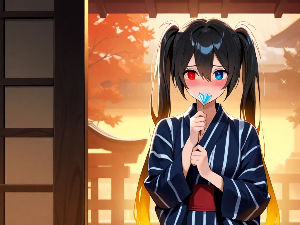  maximum resolution,  very detailed ,  Best Quality ,precise,  masterpieces , Solo,1 woman, black hair,I have twintails.,Orange gradient hair , heterochromia, red-eyed, blue eyes, black-eyed widow , Shy Face,The , Japanese shrine ,Holding a silk candy,Dark Morning , Yukata set is anatomically correct, anime images 