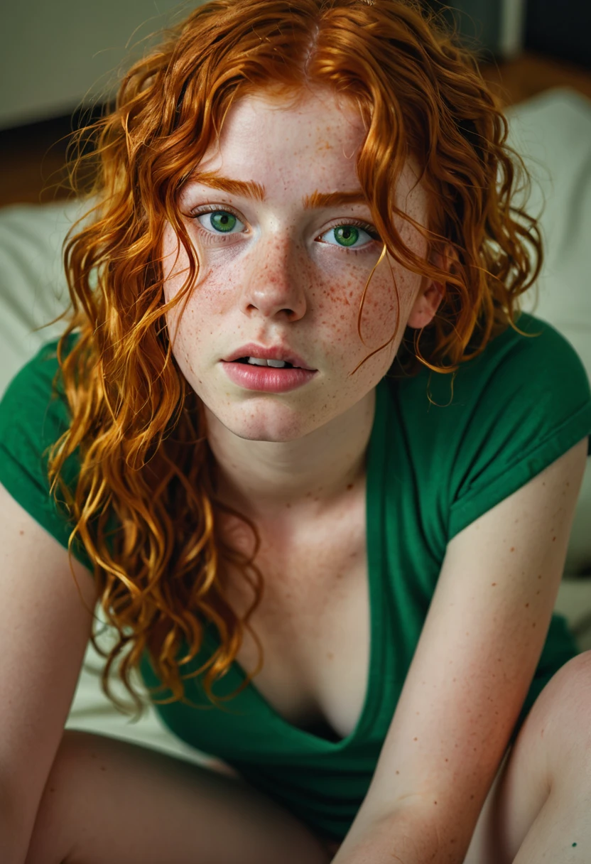 18yo teen, short wavy|messy hair, piercing eyes, (Irish redhead emerald_eyed), thick thighs, (curvy:0.5), (freckles:0.6), (imperfect skin), makeup, blushing, night, cozy, highres, masterpiece, cinematic lighting, sharp subject focus, skimpy green triangle bikini top, pajama pants, tears welling, sitting on chair, study room, looking up at viewer, from above, sad, scared, face close up, face focus ((from above))