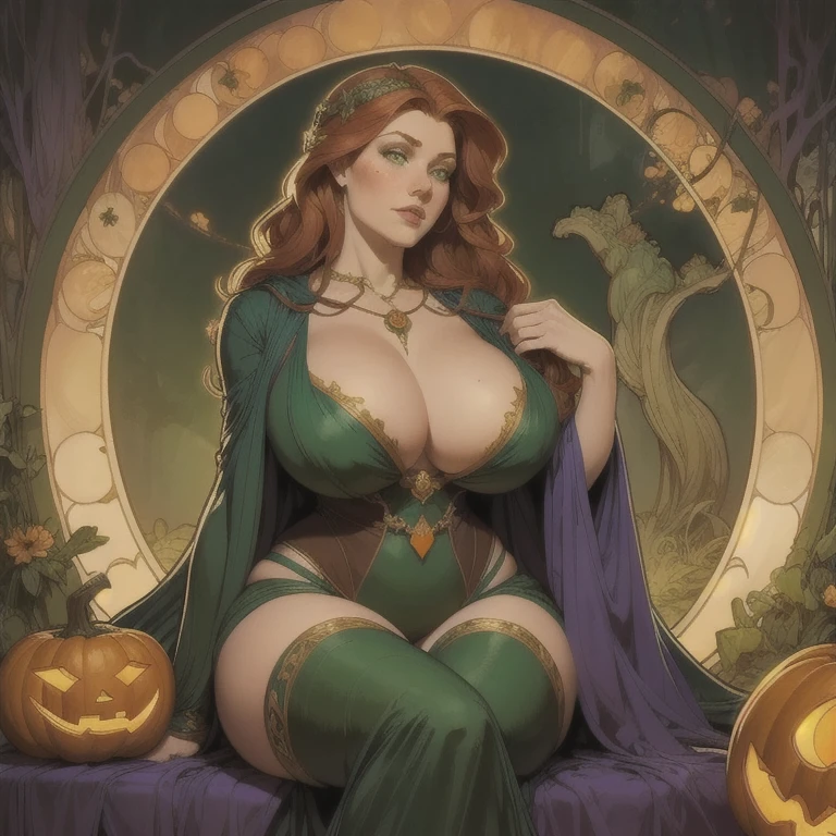  masterpiece , Alone,  a mature woman ,an arcane sorceress ,  long wavy hair , red hair,  emerald green eyes,freckles,  full lips ,  half-open lips , round face,  wearing traditional witch costume with a ,dark suit,  huge breasts ,  WIDE HIPS,  thick thighs , sitting with her legs spread , neckline in the middle of the legs a large pumpkin prepared for Halloween,  scenario witch's hut , detailed and perfect art , POV Cinematic lighting , Art Nouveau, by Alfons Mucha, 