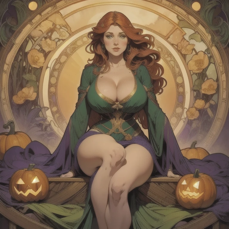  masterpiece , Alone,  a mature woman ,an arcane sorceress ,  long wavy hair , red hair,  emerald green eyes,freckles,  full lips ,  half-open lips , round face,  wearing traditional witch costume with a ,dark suit,  huge breasts ,  WIDE HIPS,  thick thighs , sitting with her legs spread , neckline in the middle of the legs a large pumpkin prepared for Halloween,  scenario witch's hut , detailed and perfect art , POV Cinematic lighting , Art Nouveau, by Alfons Mucha, 