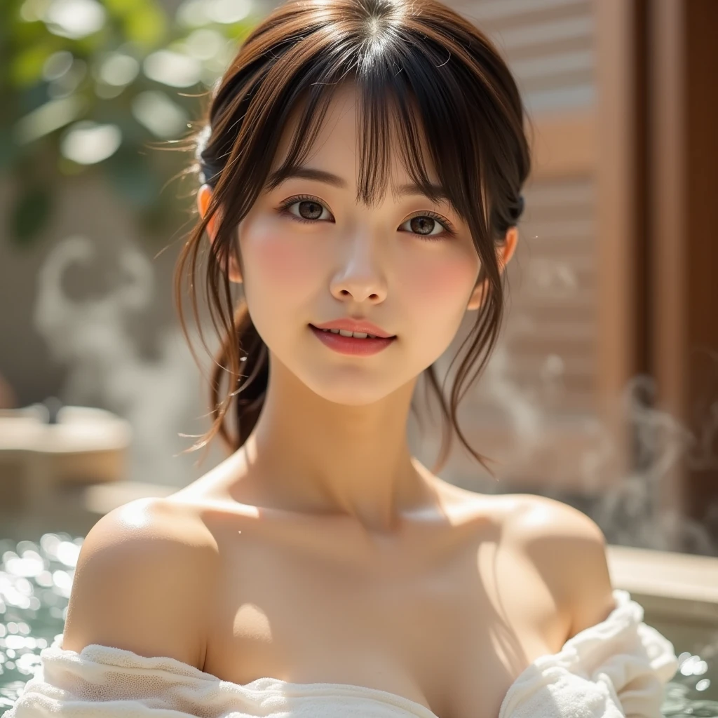 『 1 Japanese girl:1.3』『 real photo:1.3』 top quality :1.2、(( Big Breasts ))、 showing slight cleavage 、(( young woman))、(( has red cheeks))『 smiling :1.9』、((( anatomically correct、 Perfect Anatomy、 anatomically correct指)))、 realistic ,  top quality ,  super high res,  RAW photo, (Curvy body)、
 top quality 、8k、 super high res、masterpiece、Clear photo、  Professional Lighting 、( so cute、 beautiful girls)、*********、Small face、( very short hair :1.6)、smile、(Completely naked)、、、(肩まで hot springs with my ************* daughter:1.6、(( hot springs with my ************* daughter))、Covering breasts with hands:1.2) 、 Please wrap a bath towel around  、((Lots of steam)、Warm Light)