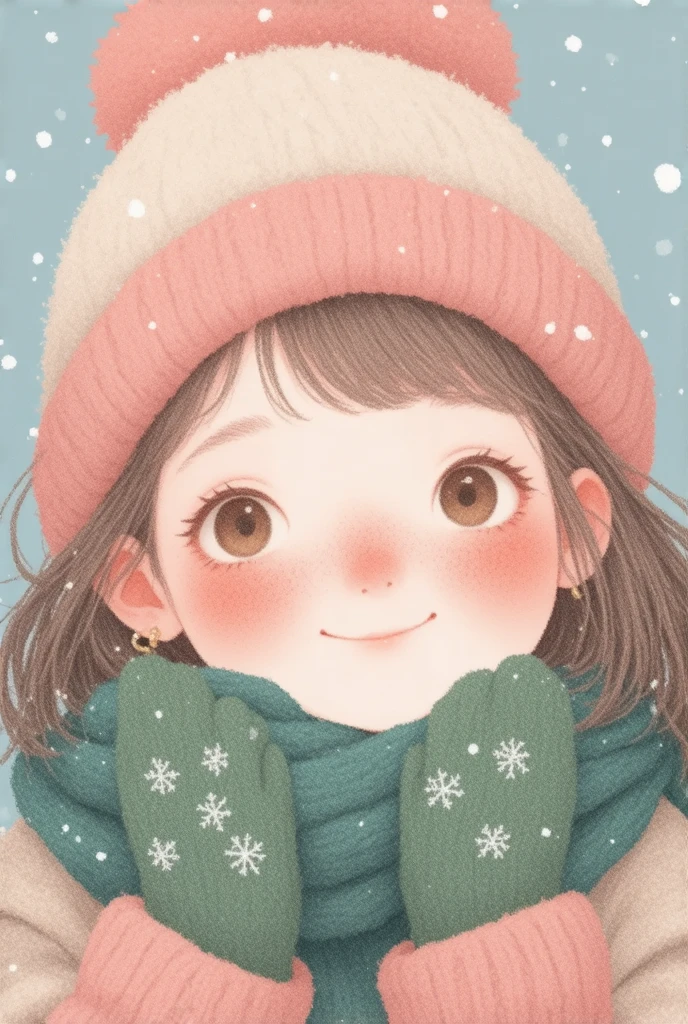 A painting，Pastel Art，Childish style ：可爱的女孩镜头特写， hat and scarf ，Close-up shot of cute girl in green knitted gloves ，It&#39;s snowing