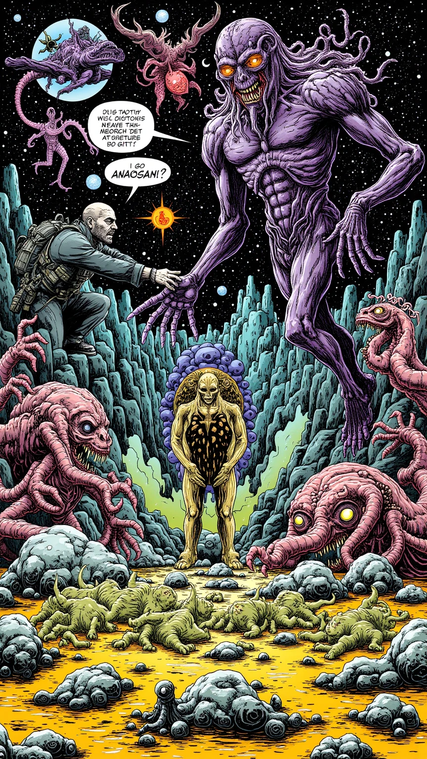  Comic Book Panels 。 There are many types of monsters in this picture,  Lovecraft Illustrations , Lovecraft Art , HP Lovecraft Style ,  Space horror illustration ,  lovecraftian Inspiration ,  Mixed Venom and Cthulhu , Lovecraft Backgrounds ,  Lovecraft Cosmic Fear , 怖い detail カラーのアート ,  Lovecraft Myths , Inspired by Lovecraft,  Lovecraft Horror , anatomically correct ,  very detailed,  detail , 