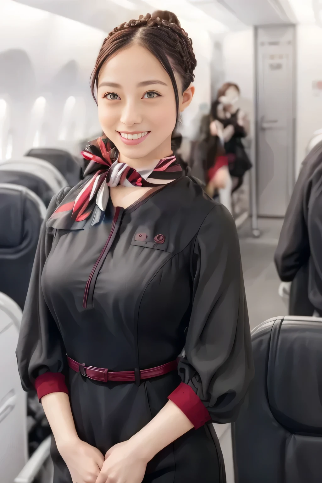 (masterpiece:1.2,  top quality :1.2), 32kHDR,  high definition  , (Alone、  1 girl)、（ on board）、In-flight background、（  wearing a JAL flightattendant uniform  ）、（（ short sleeve jumper skirt in a JAL flightattendant uniform {x} JAL flightattendant uniform 、Red belt wrapped around the waist  、 Scarf around the neck ））、  dark brown hair  、（  Super Long Hair Wrap Hair、Braid Wrap Up Hair ）、 、 long hit 、Big Breasts、Thin legs、（（ amazing hands：2.0）），（（ harmonious body proportions ：1.5）），（（Normal limbs：2.0）），（（Usually ：2.0）），（（ Delicate eyes：2.0）），（（Normal eyes：2.0））)、smile、（ beautiful standing figure wearing a JAL flightattendant uniform  ）、Hands folded under the body 