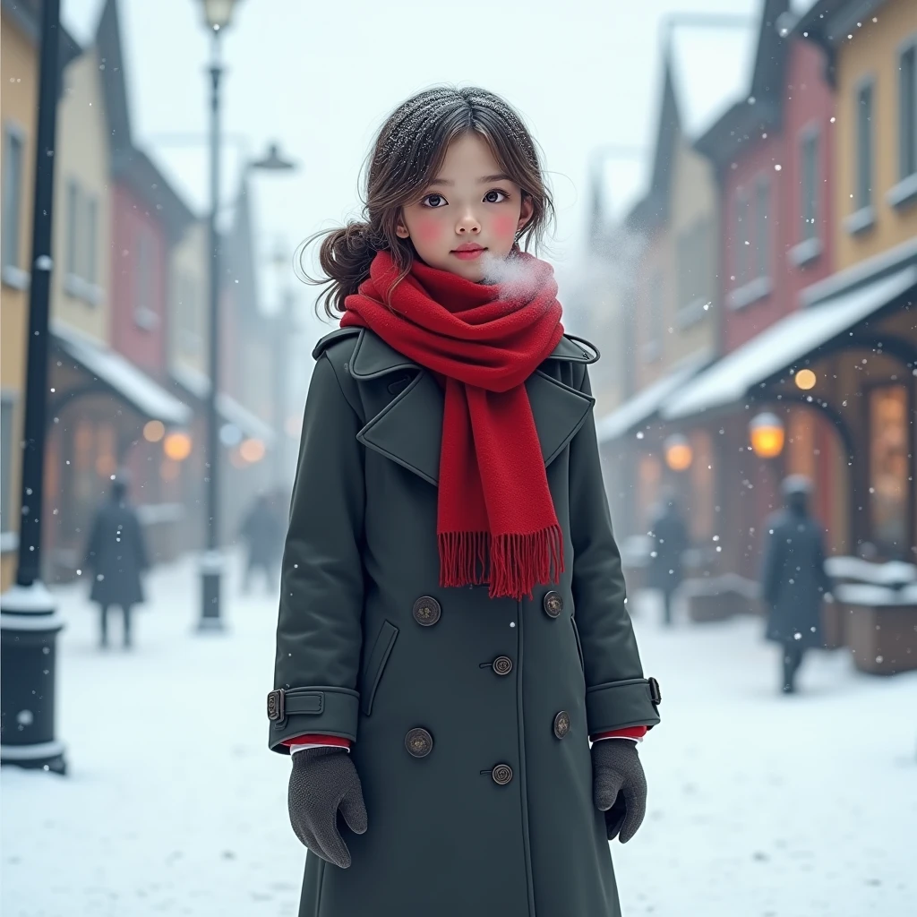  Trench Coat 、 red scarf、 girl 、solo、Wear warm clothes、In the snow、Town、 White Breath、gloves、 Christmas