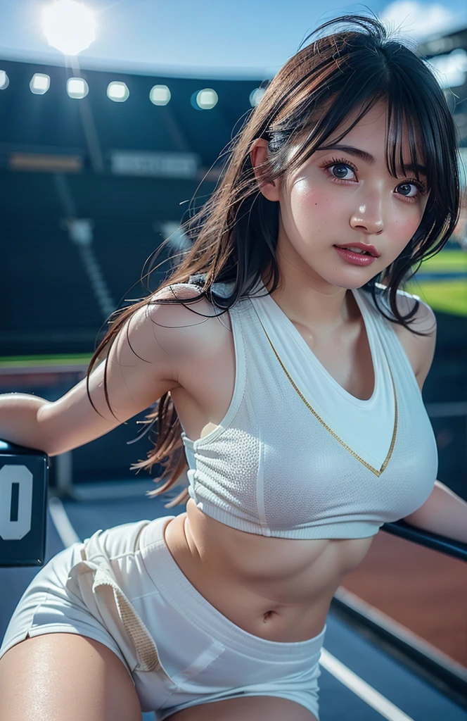 (8K, Best Quality, Masterpiece: 1,2), (Realistic, Photorealistic: 1,37), Best Quality, Masterpiece, Beautiful Girl, Smile, Hair tied with slight bangs, Realistic, SFW, Beautiful Japan Girl, ((Best Quality, 8K, Masterpiece: 1.3)), Sharp Focus: 1.2, Beautiful Women with Perfect Style: 1.4, Slender Abs: 1.2, ((Dark Brown Hair, Big: 1.2)), (Natural Light, Stadium: 1.1), Highly Detailed Face and Skin Texture, Detailed Eyes, Double Eyelids, Black Hair, Soft Middle Hair, Colorful Volleyball Costume, Flared Skirt, Full Body, Small Face, Sexy