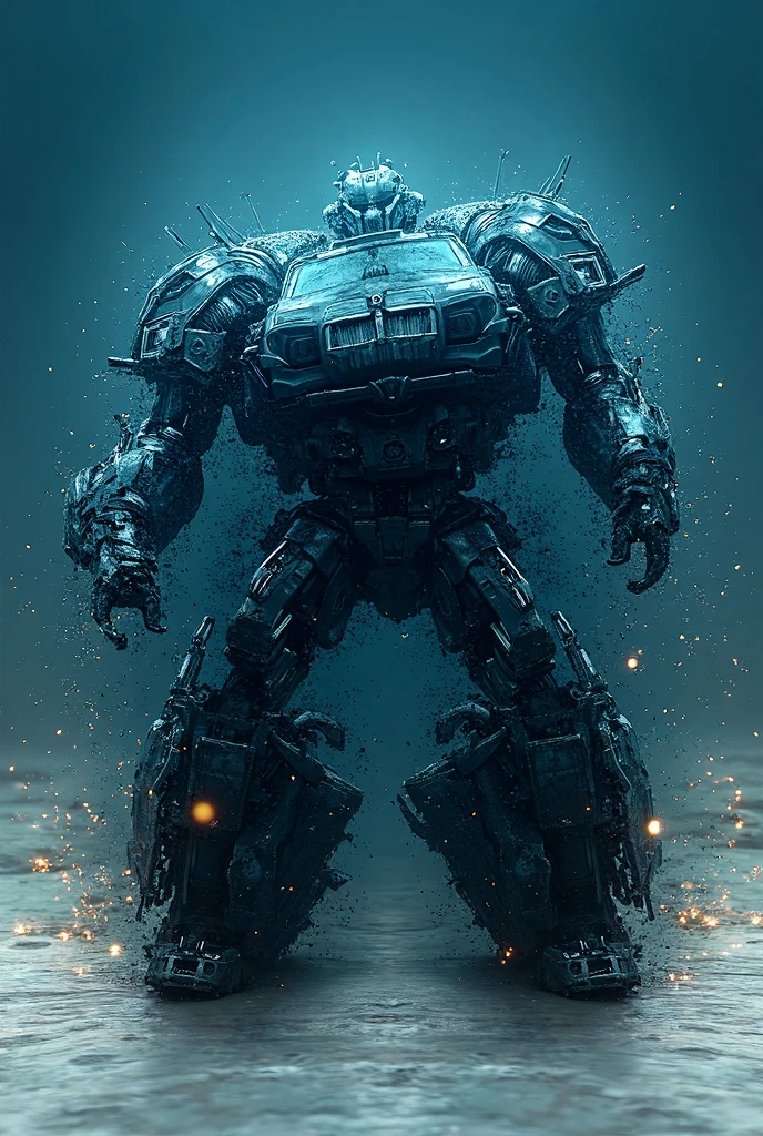 (best quality,4k,8k,highres,masterpiece:1.2),ultra-detailed,(realistic,photorealistic,photo-realistic:1.37),sci-fi,mecha,technological advanced,sharp focus,metallic surfaces,glowing lights,dark background,rugged textures,mechanical details,reflection,post-apocalyptic,action-packed,combat-ready,dynamic pose,sleek design,strong and powerful,complex mechanisms,high-tech gadgets,intense battle scene,attention-grabbing composition,detailed armor layers,precision engineering,color contrast,emerging from smoke and debris,electric blue lights,explosions,sci-fi energy effects,visually stunning,depth and dimension,vivid colors,exquisite craftsmanship,dramatic lighting.