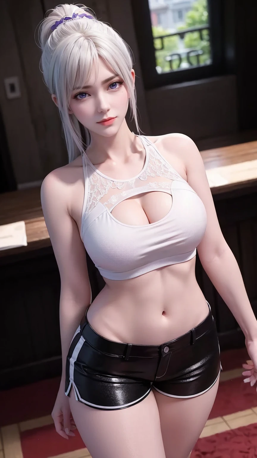 A white hair、Close-up of miss wearing white mask, Beautiful character painting, Gu Weiss,   Gurwitz Style Artwork  , White-haired god, author：Yang Jie,  epically beautiful character art ,   Extremely fine CG8K wallpaper  , author：Fan Qi, by Wuzhun Shifan,   It has a unique texture  , Single ponytail, insult, High Ponytail,  tall and big, Long Legs, (Sleeveless lace shirt), ( shorts), (stripe )), ((stripe )), Walk, Elegant, dignified, miss, Beautiful curves,  sweet smile , 细节感和层次感很强, color丰富绚丽,  has a unique texture , rich and colorful, color, vivid, Design Art, 16K,   super detailed , {{illustration}}, { Extremely refined}, {Exquisite surface treatment},   super detailed , Delicate and shining eyes, {{Light}}, 极致Light效果, Model:  realism , CFG size: 12, Laura: Bright texture (1.35),  high quality , masterpiece,   Exquisite facial features,  delicate hairstyle depicting , 详细描绘眼睛, masterpiece,  Best Quality , Light線追蹤,  Extremely Detailed CG Uniform 8k Wallpaper  , masterpiece,  Best Quality , ( 1 girl), 完美miss身材, (((Tight white T-shirt))),  beautiful eyes , ( delicate face),  Black Short Hair ,  tie up your hair , Light blue hairpin, Black silk frame glasses, In the classroom, ( White Skin), (Optimal Lighting), (  super intricate details  ), 4K Unified, (  super detailed  CG),  showing off her white legs , , Hot Pants,  shorts,性感Long Legs, Thin waist,  sweat flowing down my waist ,   showing your stomach, Extremely detailed depiction, Pink Hair,  asymmetrical bangs, transparent clothes, . Place your hands on your thighs, 把目Light移開,  8K resolution on the front,  Raise Brows ,  shiny hair , Flower head, Wrist strap, bandage，leather