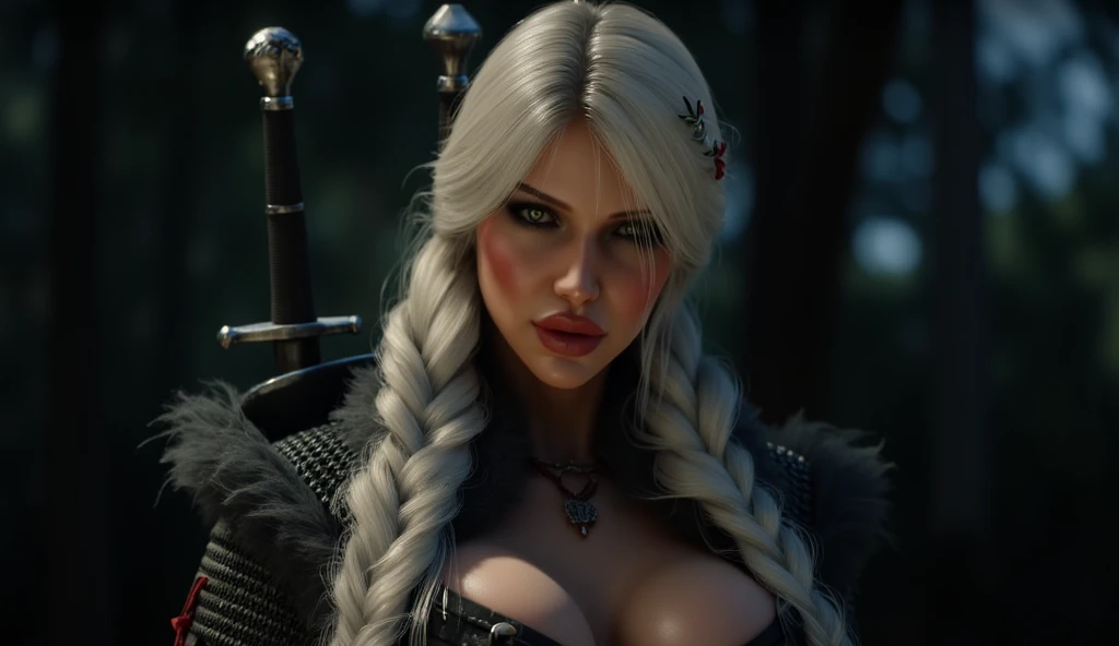 (ultra realistic) (8k quality) (Female Witcher) (Long platinum hair) (MILF) (A very beautiful face) (Cleavage) (Bimbo) (Night) (Bimbo lips) (Blue eyes) (at full height) (sexy pose) (high heels) (big boobs) (sexual facial expression) (witcher cat eyes) (black Armor) (Two witcher swords on his back) (horror wood in backgraund) (Close-up)