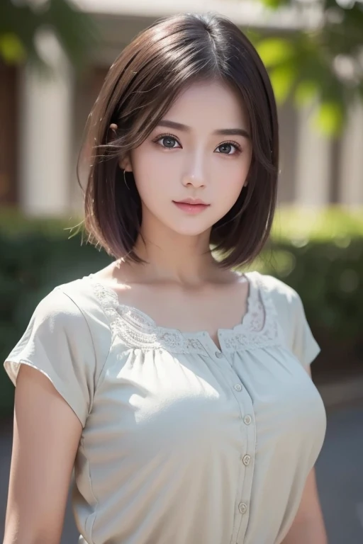 top-quality, in 8K, masutepiece, 超A high resolution, Photorealsitic, 1 baby girl, Look at viewers, round neck short sleeve shirt, small tits, (a short bob), glowy skin, 1 super beautiful college girl, ((super realistic details)), portlate, globalillumination, Shadow, octan render, ultrasharp, highly intricate detail, Realistic light, beautidful eyes