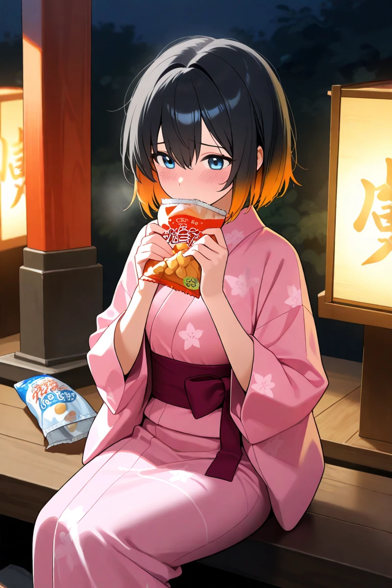  maximum resolution,  very detailed ,  Best Quality ,precise,  masterpieces , Solo,1 woman, black hair, Long Twinkle,Orange gradient hair , blue eyes, black-eyed widow , Shy Face,Pink Yukata Dress, Japanese shrine ,Holding a snack,Dark Morning , Yukata set is anatomically correct, anime images 