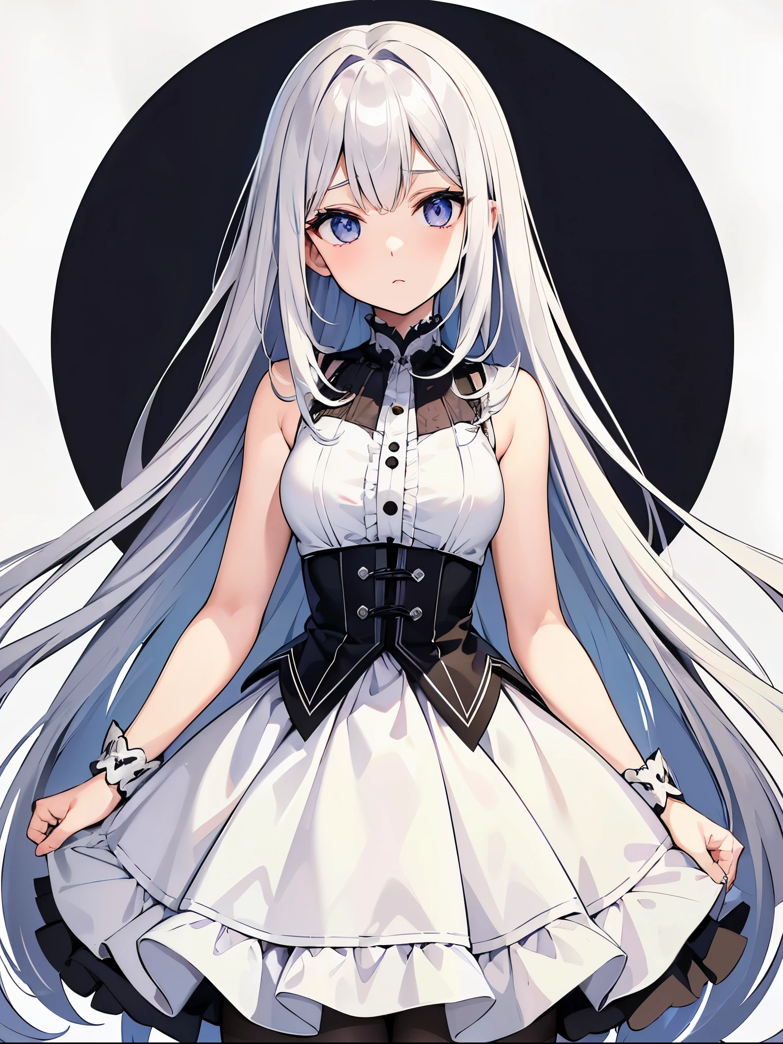 Masterpiece. High quality. Exquisite.
	- Hairstyle and hair color: Straight hair reaching to the waist, silvery-white (light platinum blonde
 ) - Eye shape and color: Almond-shaped eyes, pale blue-purple (with a slight melancholy look)
 - Costume style and color: Silvery-white with ruffles. Dress. The dress has black lines at the bust and the waist. The skirt part is slightly short and flared for ease of movement. The fabric is simple but shiny.
	- Height/style: 165cm, slim (B85/W60/H87)
, simple background. 1 color background.