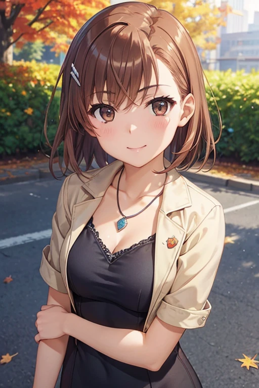 misaka mikoto、 shiny hair,  short hair, ( beautiful brown eyes、)、smile、 super detailed eyes、((hair clip)), very detailed face,  very detailed eyes,cowboy shot,、( One Girl )、 ,Master Piece,  top quality ,  high res, masterpiece , 



 1 Woman Standing ,  mature woman, /(pencil dress/) /(Bright blue dress/)  necklace, /(I'm wearing a short jacket over my shoulder/), /(Brown Hair/) bangs, 赤面した優しいsmile, (最高masterpiece  top quality :1.2)  delicate illustration super detailed,  Big Breasts , Lower your arms BREAK /(Canadian city/), Maple leaves falling,   detailed background