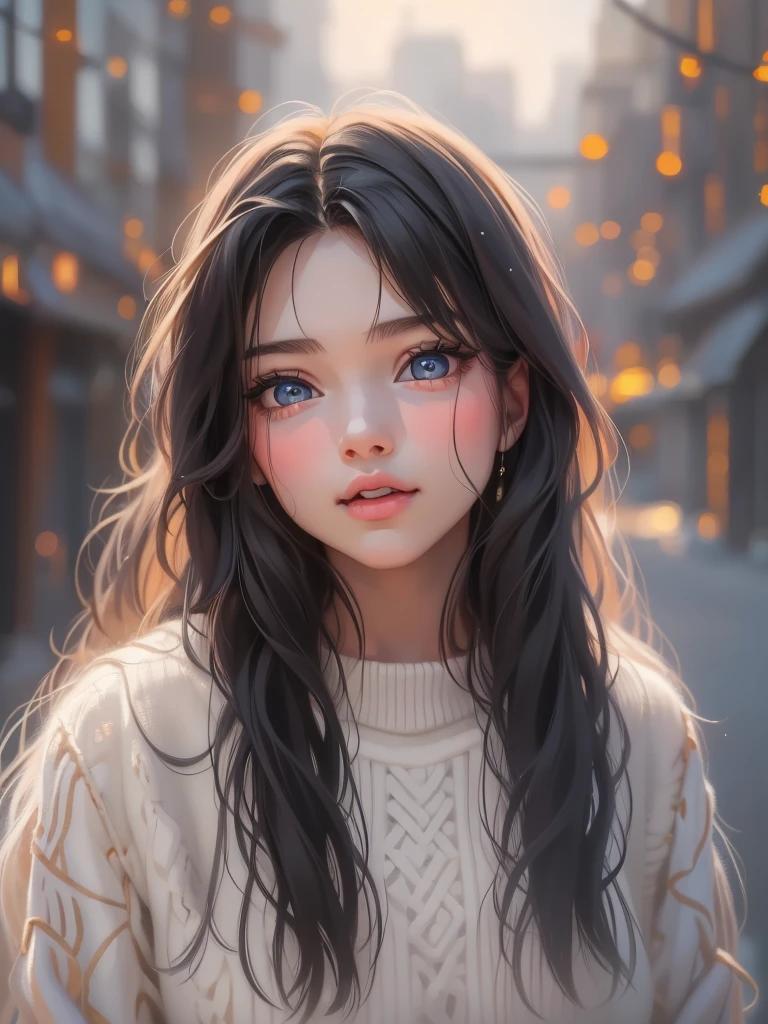 4k, winter scenery, Beautiful woman, long hair, brown hair, medium breasts, blue eyes, white sweater, cargo pants, neon heart necklace, looking at viewer, night