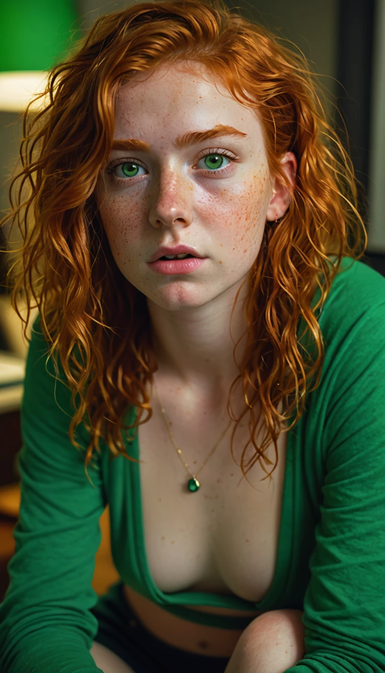 19 teen, short wavy|messy hair, piercing eyes, (Irish redhead emerald_eyed), thick thighs, (freckles:0.6), (imperfect skin), makeup, blushing, night, cozy, highres, masterpiece, cinematic lighting, sharp subject focus, skimpy green triangle bikini top, pajama pants, tears welling, sitting on chair, study room, looking at computer, from above, sad, scared, face close up, face focus (from above)