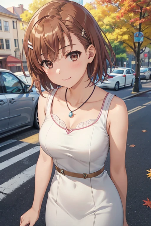 misaka mikoto、 shiny hair,  short hair, ( beautiful brown eyes、)、smile、 super detailed eyes、((hair clip)), very detailed face,  very detailed eyes,cowboy shot,、( One Girl )、 ,Master Piece,  top quality ,  high res, masterpiece , 



 1 Woman Standing ,  mature woman, /(pencil dress/) /(bright blue sleeveless mini dress/)  necklace, /(Brown Hair/) bangs, 赤面した優しいsmile, (最高masterpiece  top quality :1.2)  delicate illustration super detailed,  Big Breasts , Lower your arms BREAK /(Canadian city/), Maple leaves falling,   detailed background