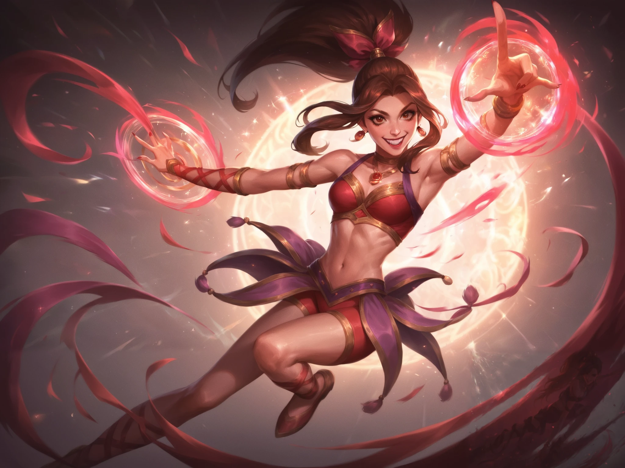 (masterpiece), best quality, expressive eyes, perfect face, apparent age 25, splash art, female from Noxus, she is a rhythmic gymnastics dancer, magic rogue, she wears a red magic, puts a noxus background, make her evil smile, she has demonic powers, dancer  dark swimsui red  and detail in gold, short swimsuit, make her dark clothes, brown hair, slim body, ponytail, brown eyes, make her holding a black rhythmic gymnastics ribbon and red, splash art pose