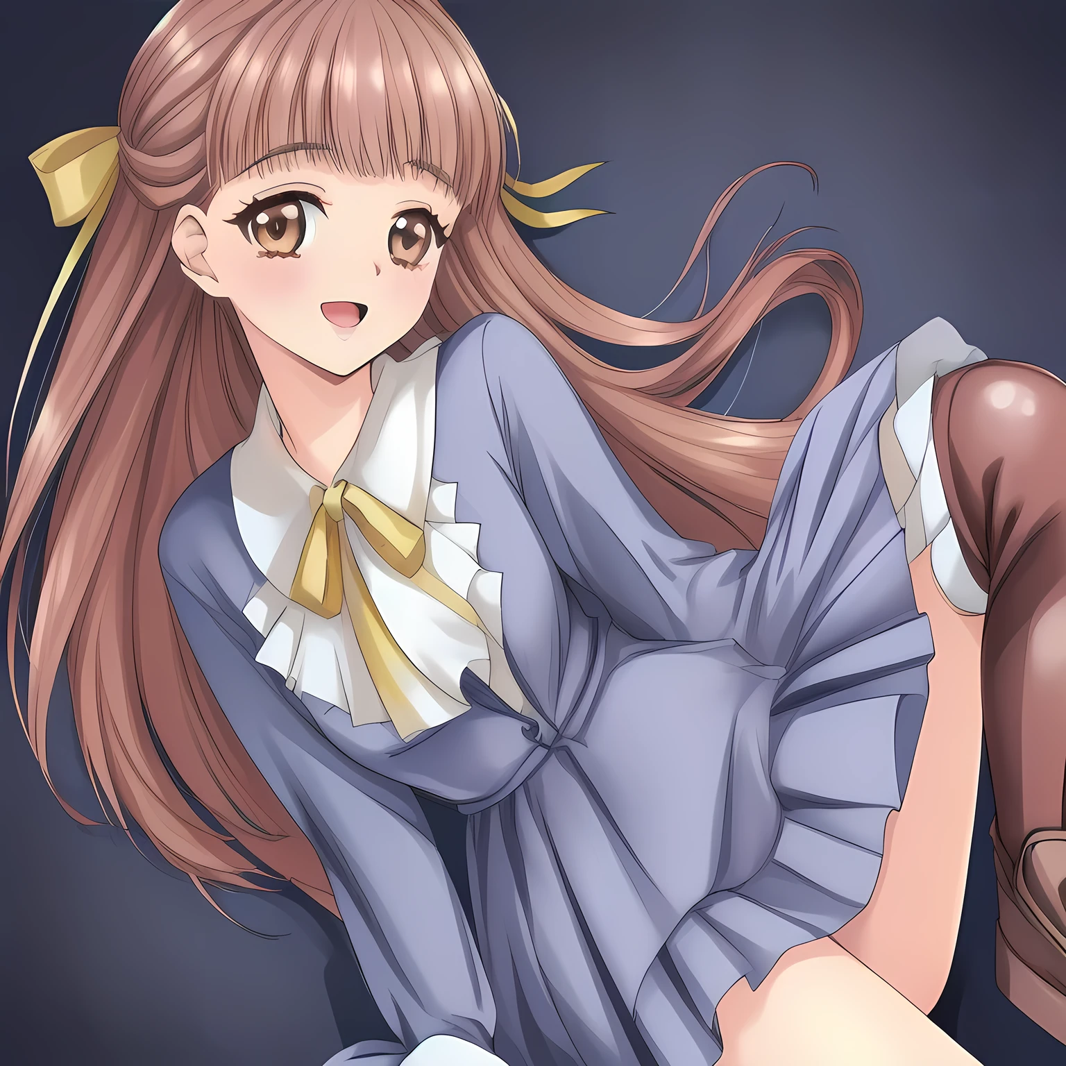 (highest quality, masterpiece: 1.6), (Too beautiful intelligent girl with navy uniform is posing as a fashion magazine model with a perfect supreme smile, looking down elegantly and laughing at the viewer, Too Beautiful noble beautiful anime noble heroine, unbelievable beauty, beautiful giggling noble elegant 16yot anime heroine wares completely white frilled girly blouse covered by navy-expensive-blazer and navy-blue-checkered-plaid-school-skirt with metallic luster, inviting me to the world of neat school-uniform pleasure, Noble Elegant blazer-style uniform with prettiest blouse and blue-breast ribbon, beautiful legs with white socks, loafers: 1.5), (Anime-heroine's girly noble brown eyes are winking and shining. one-eye is closed, the other is open. The eyes have deep strong effect of allusion to the viewer: 1.6), (Realistic Charming neat dark-navy-blue very-neat well-pleated long dark-blue checkered glossy expensive plaid school skirt made of metallic-luster-blue-wool: 1.6), (Eyes, face and hair are especially beautifully detailed and beautifully drawn: 1.8), (Girl whom everyone loves because of her beauty and lovely fashion and noble manner and magic-charm: 1.4), (Very beautiful, various, cute gorgeous rich dark black hair like seducing hair model, with elegant big yellow hair ribbons: 1.5), (Perfect style like a famous school fashion model: 1.2), (Clearly-detailed well-contrasted neat bewitching too-expensive atmosphere foreground: 1.8), (Dark-blue background: 1.9), (Viewer can't to stop falling into deep allusion by her beautiful seducing sweet pure soprano voice with extreme pleasure with high-class classic music: 1.8), (Lovely maximum laugh and makes wink: 2.0)