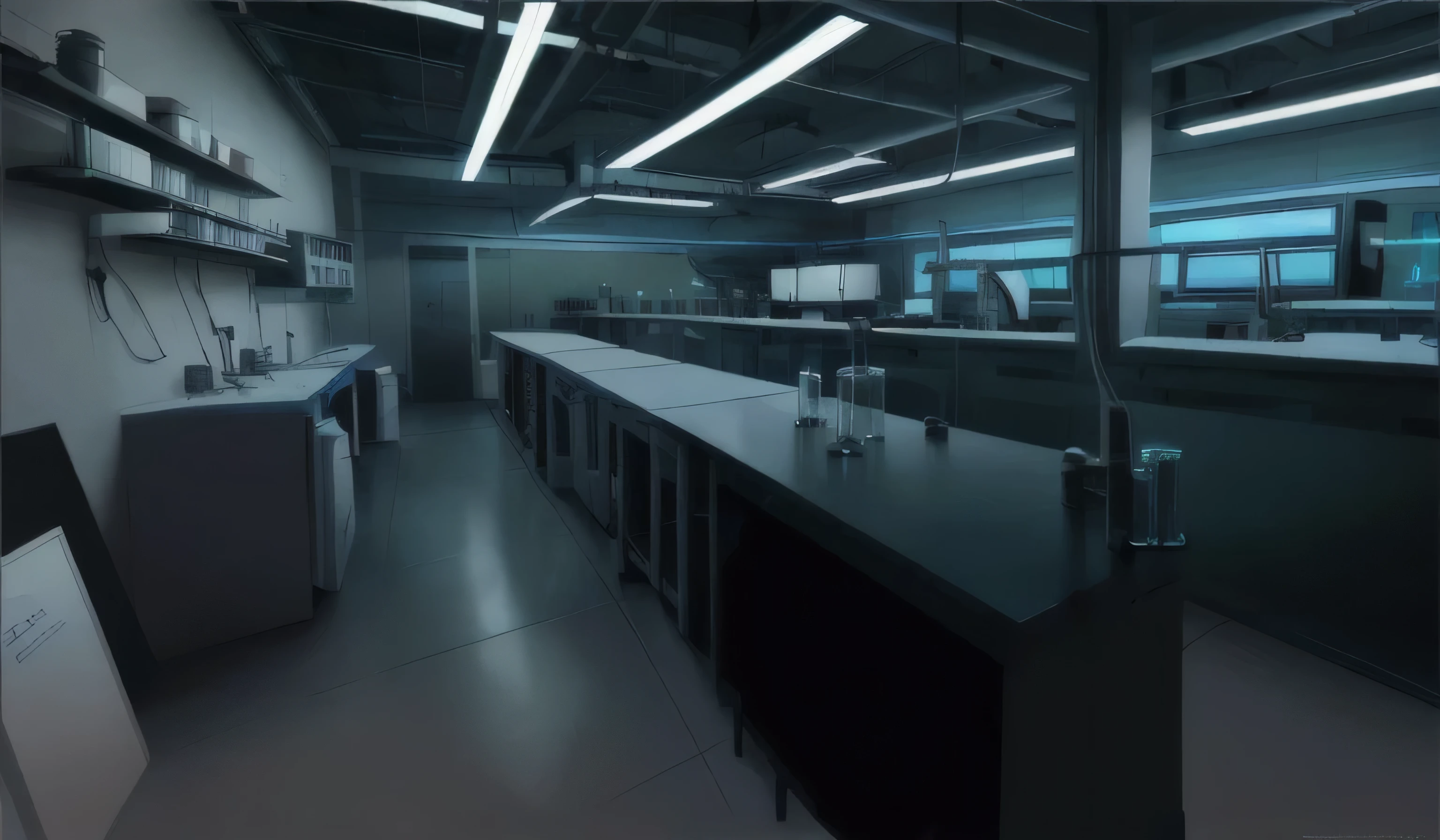 there is a long counter in a large room with a refrigerator, indoor lab scene, lab background, futuristic chemistry lab, futuristic laboratory, in a darkly lit laboratory room, in futuristic laboratory room, futuristic scientific laboratory, laboratory background, mysterious laboratory, inside a science facility, clean white lab background, laboratory in the background, secret shady laboratory, laboratory