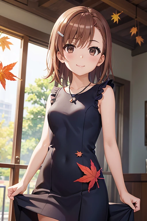 misaka mikoto、 shiny hair,  short hair, ( beautiful brown eyes、)、smile、 super detailed eyes、((hair clip)), very detailed face,  very detailed eyes,cowboy shot,、( One Girl )、 ,Master Piece,  top quality ,  high res, masterpiece , 



 1 Woman Standing ,  mature woman, /(pencil dress/) /(bright blue sleeveless mini dress/)  necklace, /(Brown Hair/) bangs, 赤面した優しいsmile, (最高masterpiece  top quality :1.2)  delicate illustration super detailed,  Lower your arms BREAK /(Canadian city/), Maple leaves falling,   detailed background